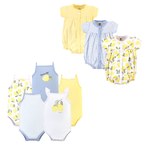 Hudson Baby Cotton Bodysuits and Rompers, 8-Piece, Yellow Lemon