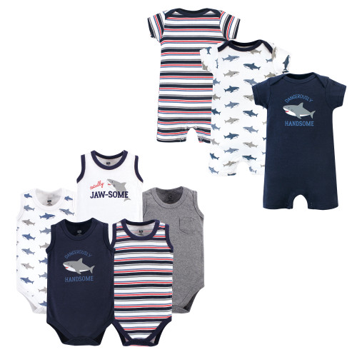 Hudson Baby Cotton Bodysuits and Rompers, 8-Piece, Shark