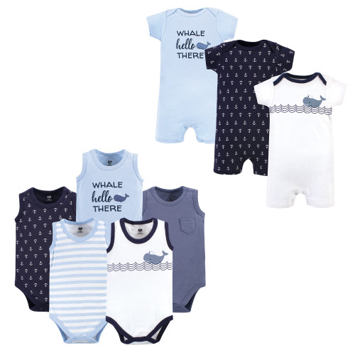 Hudson Baby Cotton Bodysuits and Rompers, 8-Piece, Sailor Whale