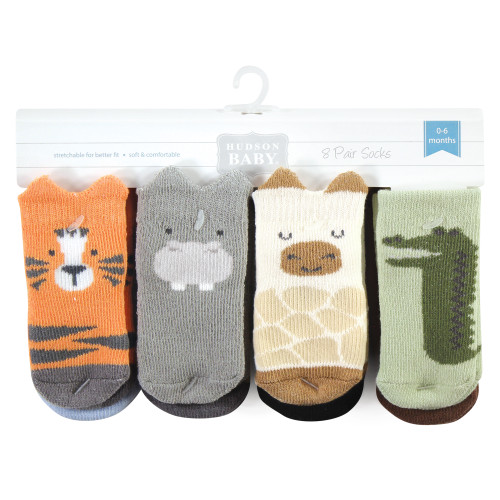 Hudson Baby Cotton Rich Newborn and Terry Socks, Zoo Animals