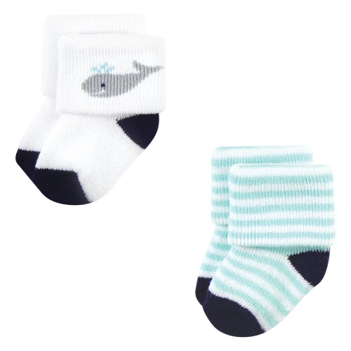 Hudson Baby Cotton Rich Newborn and Terry Socks, Mint Whale