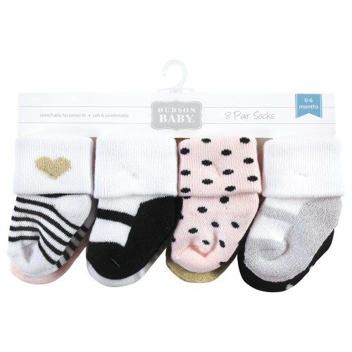 Hudson Baby Cotton Rich Newborn and Terry Socks, Silver Gold Pink