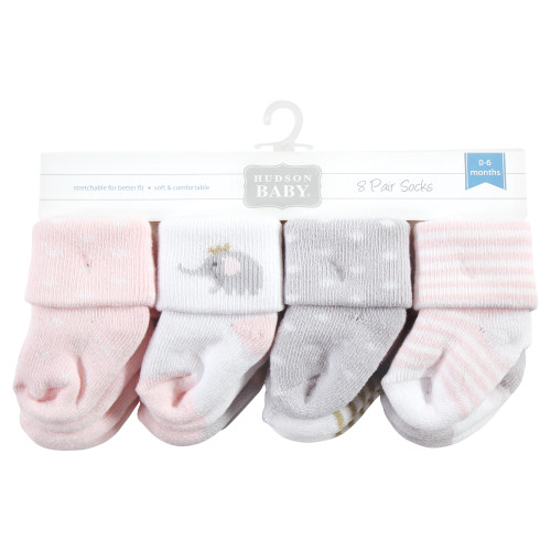 Hudson Baby Cotton Rich Newborn and Terry Socks, Pink Gray Elephant