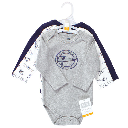 Hudson Baby Cotton Long-Sleeve Bodysuits, Gray Aviation