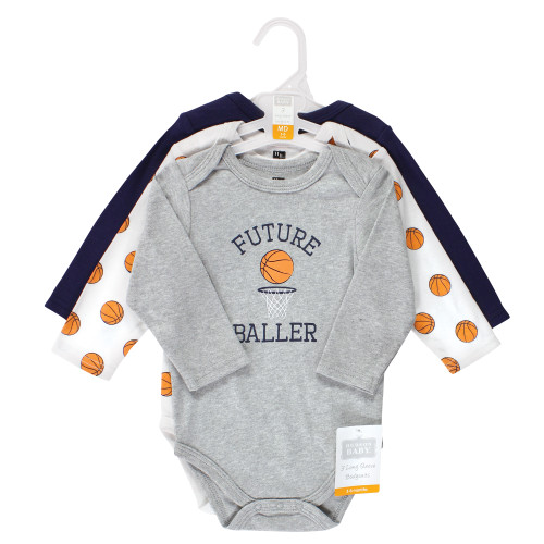 Hudson Baby Cotton Long-Sleeve Bodysuits, Gray Basketball