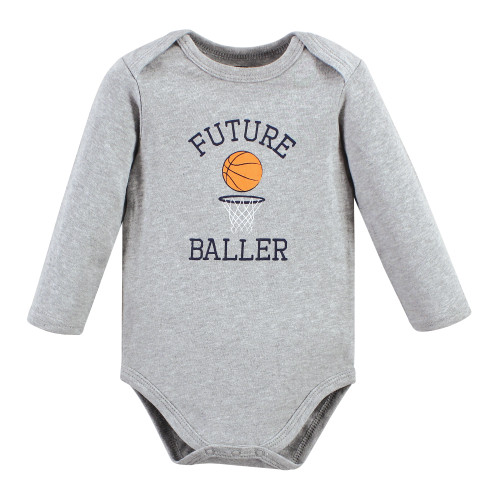 Hudson Baby Cotton Long-Sleeve Bodysuits, Gray Basketball