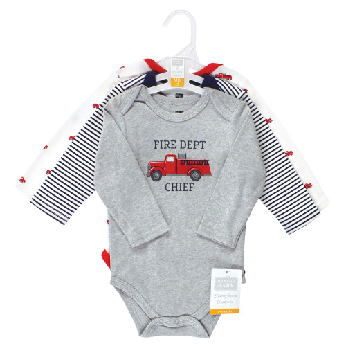 Hudson Baby Cotton Long-Sleeve Bodysuits, Gray Fire Truck