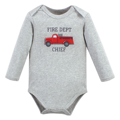 Hudson Baby Cotton Long-Sleeve Bodysuits, Gray Fire Truck