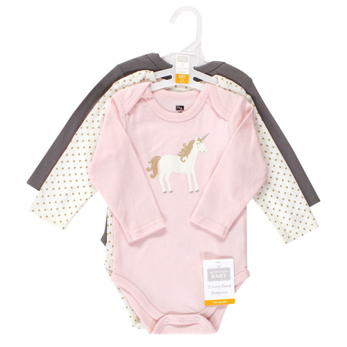 Hudson Baby Cotton Long-Sleeve Bodysuits, Gold Unicorn 3-Pack