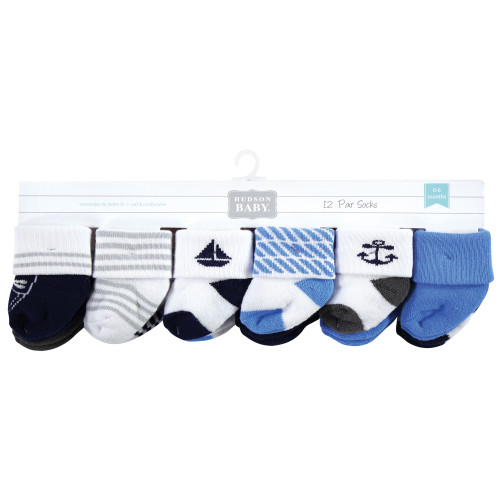 Hudson Baby Cotton Rich Newborn and Terry Socks, Nautical 12-Pack
