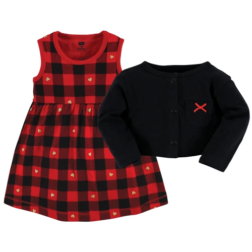 Hudson Baby Cotton Dress and Cardigan Set, Gold Heart Buffalo Plaid