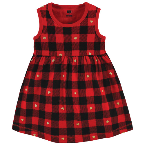 Hudson Baby Cotton Dress and Cardigan Set, Gold Heart Buffalo Plaid