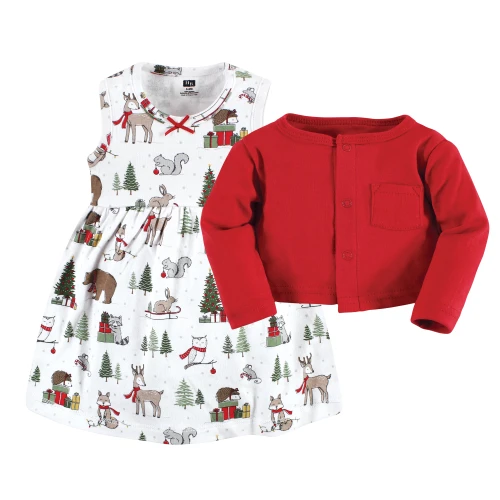 Hudson Baby Cotton Dress and Cardigan Set, Red Winter Forest
