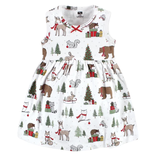 Hudson Baby Cotton Dress and Cardigan Set, Red Winter Forest