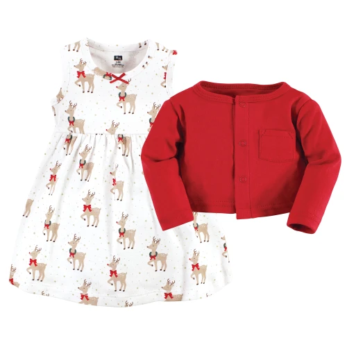Hudson Baby Cotton Dress and Cardigan Set, Fancy Rudolph