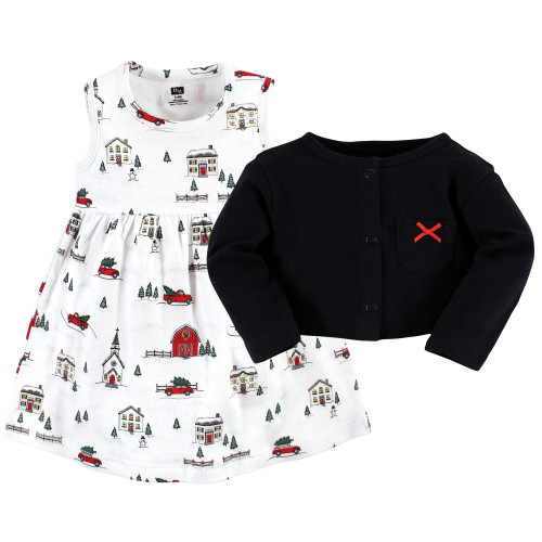 Hudson Baby Cotton Dress and Cardigan Set, Christmas Scene
