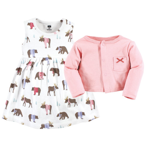 Hudson Baby Cotton Dress and Cardigan Set, Pink Moose Bear