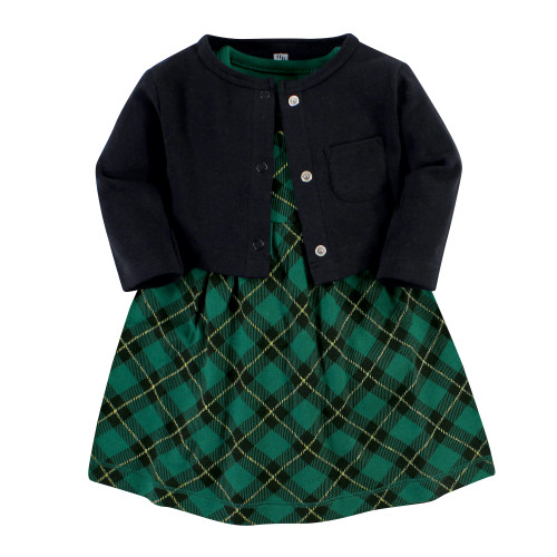 Hudson Baby Baby Girls Cotton Dress and Cardigan Set, Forest Green Plaid