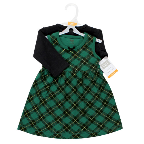 Hudson Baby Cotton Dress and Cardigan Set, Forest Green Plaid