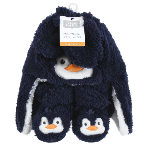 Hudson Baby Infant Boy Trapper Hat, Mitten and Bootie Set, Navy Penguin