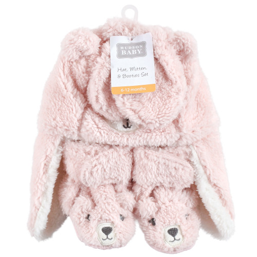 Hudson Baby Trapper Hat, Mitten and Bootie Set, Pink Bear