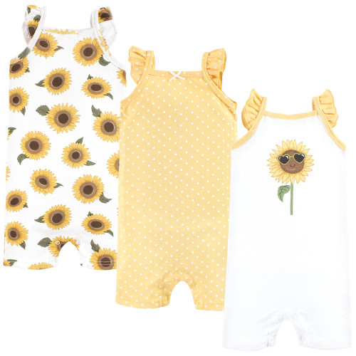 Hudson Baby Infant Girl Cotton Rompers, Sunflower