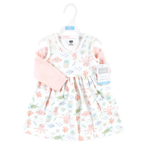 Hudson Baby Cotton Dress and Cardigan Set, Pastel Sea