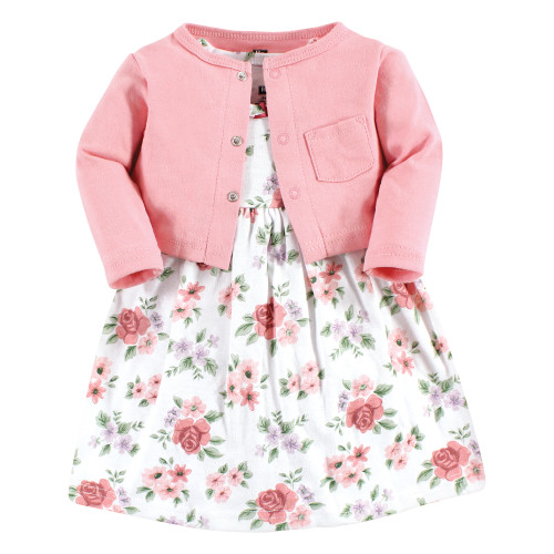 Hudson Baby Infant Girl Cotton Dress and Cardigan Set, Vintage Floral
