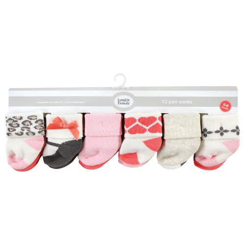 Luvable Friends Newborn and Baby Terry Socks, Leopard 12-Pack