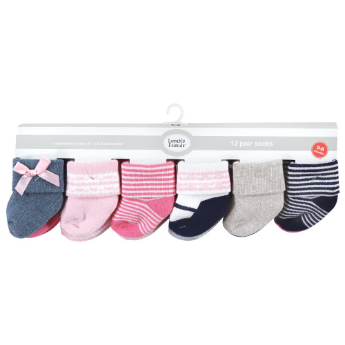 Luvable Friends Newborn and Baby Terry Socks, Pink Scroll 12-Pack