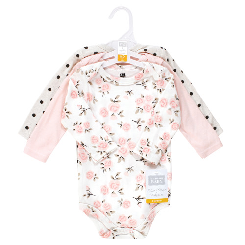 Hudson Baby Cotton Long-Sleeve Bodysuits, Cinnamon Pink Prints 3-Pack