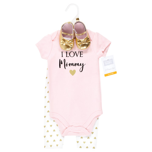 Hudson Baby Cotton Bodysuit, Pant and Shoe Set, Girl Mommy