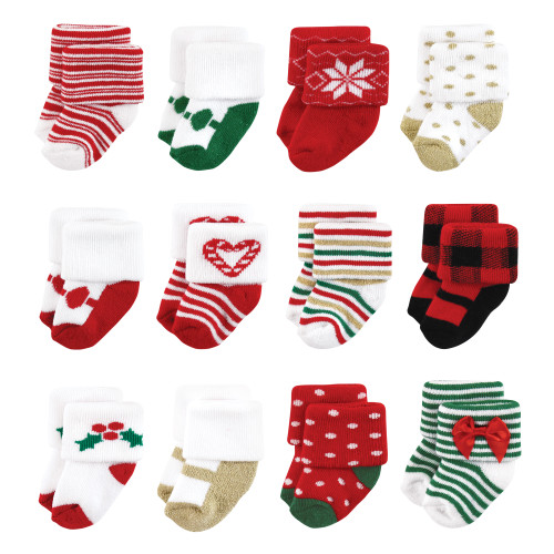 Hudson Baby Infant Girls Cotton Rich Newborn and Terry Socks, 12 Days Of Christmas Girl