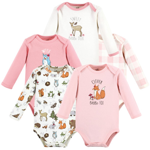 Touched By Nature Organic Cotton Long-Sleeve Bodysuits, Girl Woodland Alphabet 5-Pack