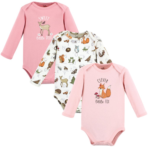 Touched By Nature Organic Cotton Long-Sleeve Bodysuits, Girl Woodland Alphabet 3-Pack