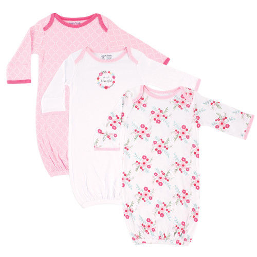 Luvable Friends Infant Girl Cotton Gowns, Pink Floral, Preemie/Newborn