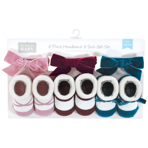 Hudson Baby Headband and Socks Giftset, Burgundy Pink Teal