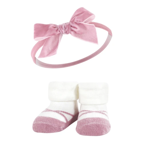 Hudson Baby Headband and Socks Giftset, Burgundy Pink Teal