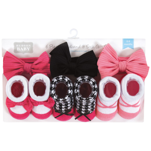 Hudson Baby Headband and Socks Giftset, Pink Black