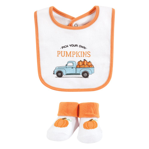 Hudson Baby Cotton Bib and Sock Set, Pumpkin Truck