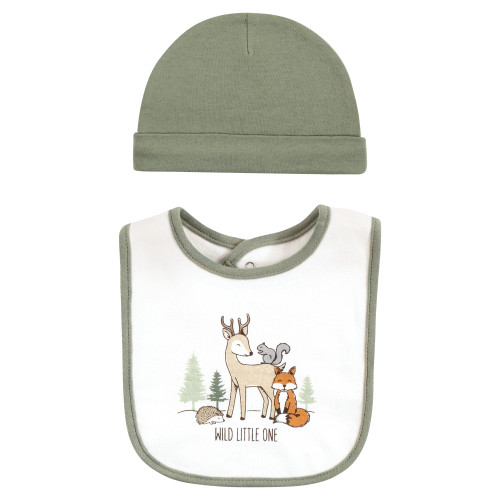 Hudson Baby Cotton Bib and Headband or Caps Set, Forest Animals