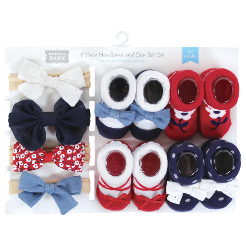 Hudson Baby Headband and Socks Giftset, Red Navy Flower