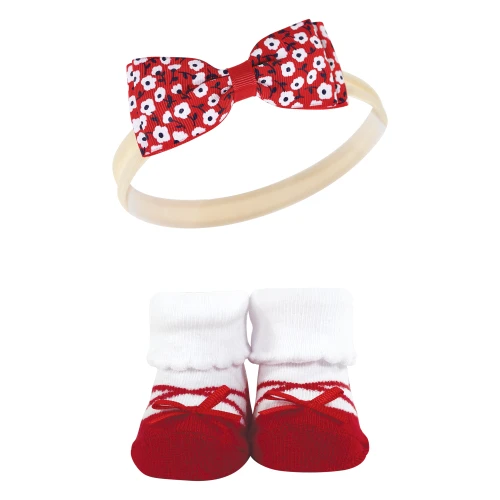 Hudson Baby Headband and Socks Giftset, Red Navy Flower