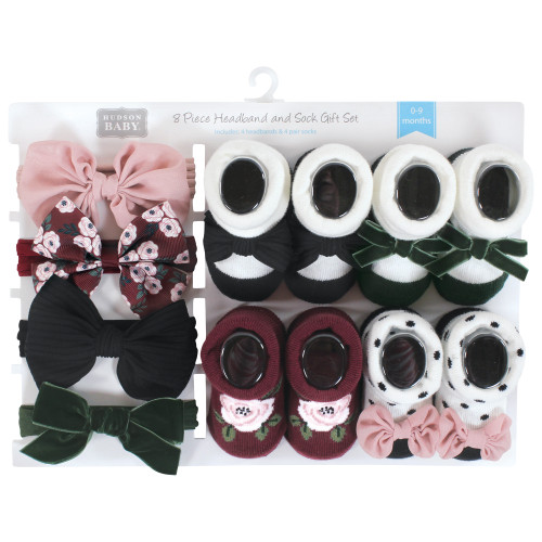 Hudson Baby Headband and Socks Giftset, Burgundy Floral 8-Piece