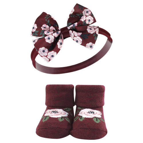 Hudson Baby Headband and Socks Giftset, Burgundy Floral 8-Piece
