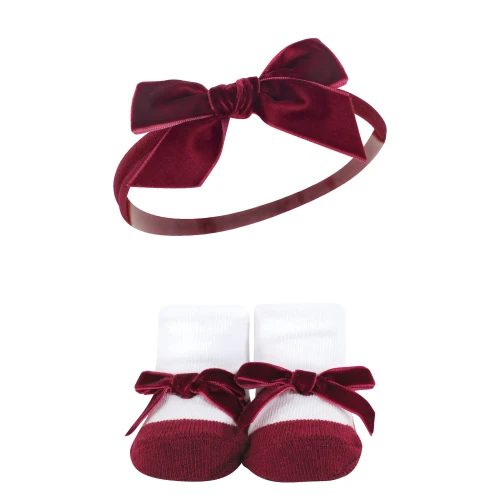 Hudson Baby Headband and Socks Giftset, Houndstooth Burgundy