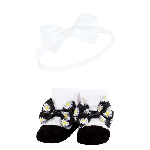 Hudson Baby Headband and Socks Giftset, Black Daisy