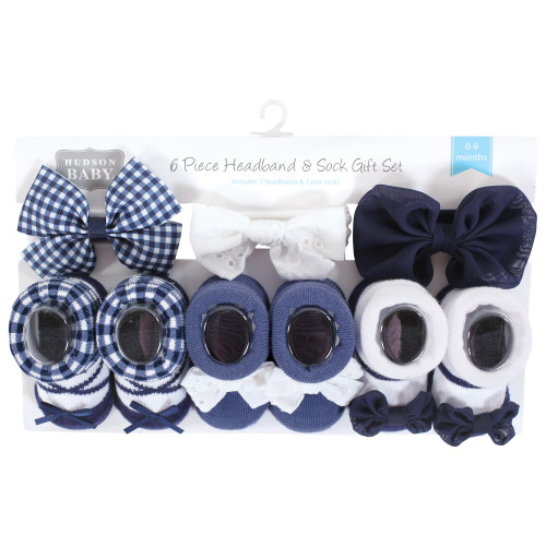 Hudson Baby Headband and Socks Giftset, Navy Gingham