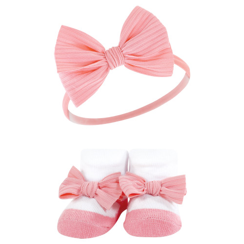 Hudson Baby Headband and Socks Giftset, Pink Floral Chambray