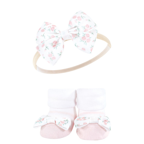 Hudson Baby Headband and Socks Giftset, Pink Floral Chambray